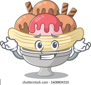 Super Funny Grinning banana split mascot cartoon style