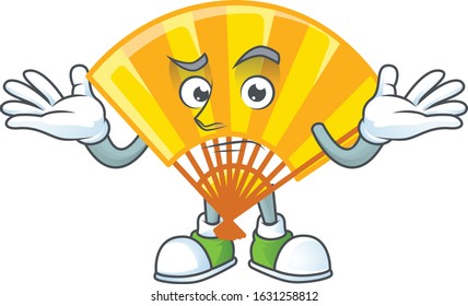 Super Funny Grinning gold chinese folding fan mascot cartoon style