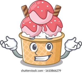 Super Funny Grinning ice cream sundae mascot cartoon style