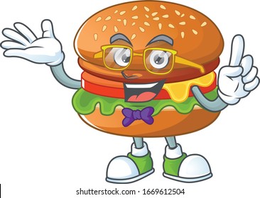 Super Funny hamburger in nerd mascot design style