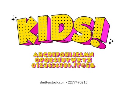 Super funny Kid Font. Colorful 3D Alphabet Letters, Numbers and Symbols for Children