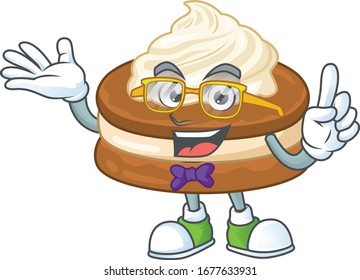 Super Funny white cream alfajor in nerd mascot design style