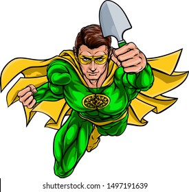 A super gardener hero or farmer superhero holding a garden spade