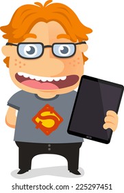 Super geek, red colored nerd holding a tablet with rimmed glasses vector illustration.