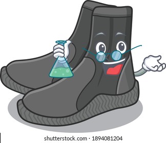 Super Genius Professor of dive booties Caricature character working on a lab
