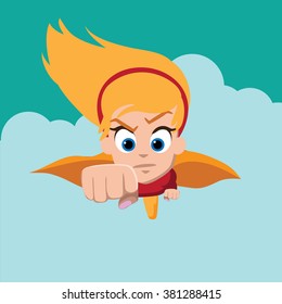 Super girl flies straight ahead. EPS 10 vector.