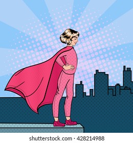 Super Girl Hero Standing on the Roof. Pop Art. Vector illustration