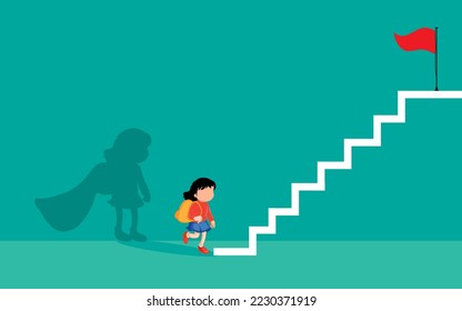 Super girl, kid girl, super women, women empowerment vector, brave woman with super hero shadow. strong successful female leader flat vector illustration