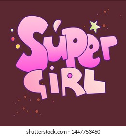 Super girl lettering with gradient colors. Supergirl words, cartoon cute style with decorative elements isolated on dark background. Girl superpower lettering