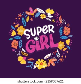 Super chica. Postal con carteles de doodle dibujados a mano. Etiqueta de papel, diseño de camisetas.