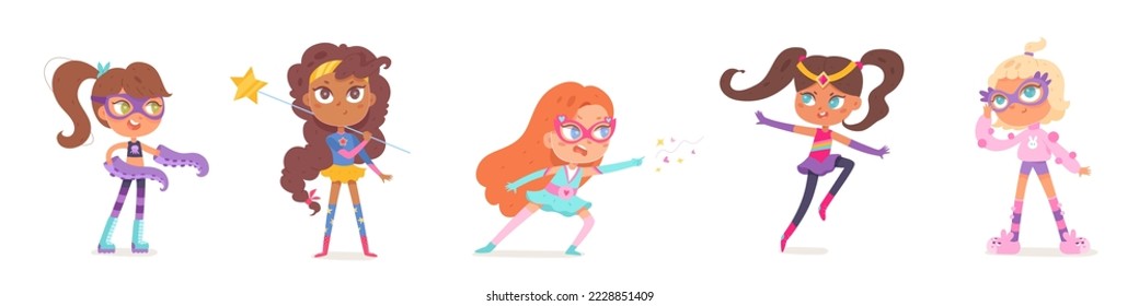 Super girl power, superhero characters set vector illustration. Cartoon isolated happy kids in fashion carnival costumes and masks playing game on Halloween party, brave actions of female heroes