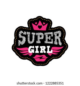 Super Girl. Print or patch for t-shirt with lettering, crown, hearts, lips and lightning. Tee shirt design for women.