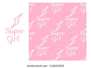 Super Girl. Seamless repeating pattern isolated on pink background. Modern Design for Girls. Vector sign