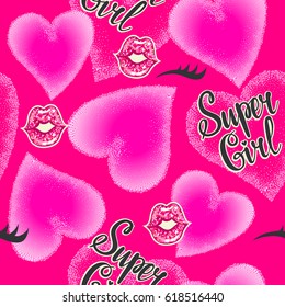Super girl wallpaper on pink background. Kiss lips with glitter texture, silhouette of eyelash, fly hearts. Romantic girlish seamless pattern. Beauty repeated backdrop. Funny fashion wallpaper