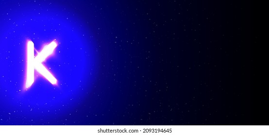 Super glow neon letter K in blue color. Realistic neon explosion. Letter K alphabet of night show among the stars. Vector illustration uppercase font. Isolated On Blue Background With Text Space.