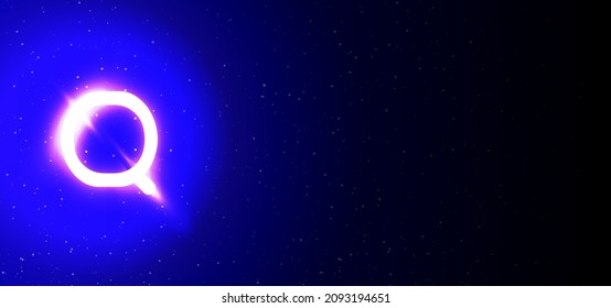 Super glow neon letter Q in blue color. Realistic neon explosion. Letter Q alphabet of night show among the stars. Vector illustration uppercase font. Isolated On Blue Background With Text Space.