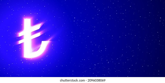 Super glowing neon Turkish lira sign money in blue color. Realistic neon currency. Turkish lira coin at night show among the stars. Vector illustration of major currency type.