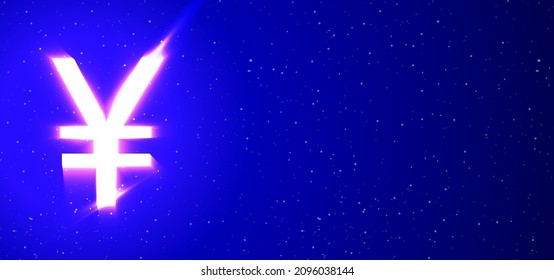 Super glowing neon yen sign money in blue color. Realistic neon currency. Yen coin at night show among the stars. Vector illustration of major currency type. Isolated on Blue Background space.