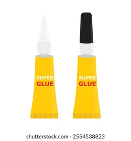 Super glue small tube isolated on white background. Super glue with opened and closed cap. Vector