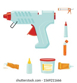 Super glue and tool fixing vector cartoon icon set.Vector isolated illustration liquid adhesive.Icon set of glue for fixing.