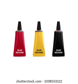 Super glue tube vector illustration of 3D metallic aluminum container of adhesive glue. Realistic isolated blank mock models of instant gluing model mockup tubes with caps isolated on white background