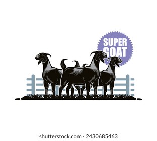 SUPER GOAT, BLACK BOER STANDING LOGO , silhouette of healthy ram standing vector illustrations