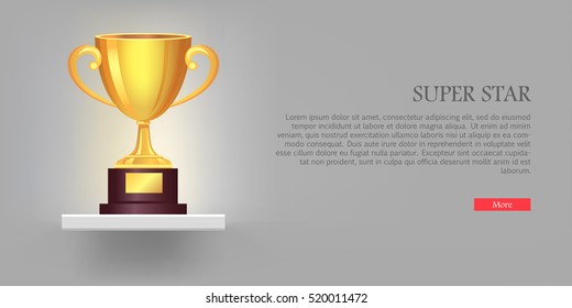 Super golden cup with two handles. Real award. 3d icon. Contemporary great shiny, glossy and brightly prize on brown base. Win. Achievement. Flat design. Vector illustration