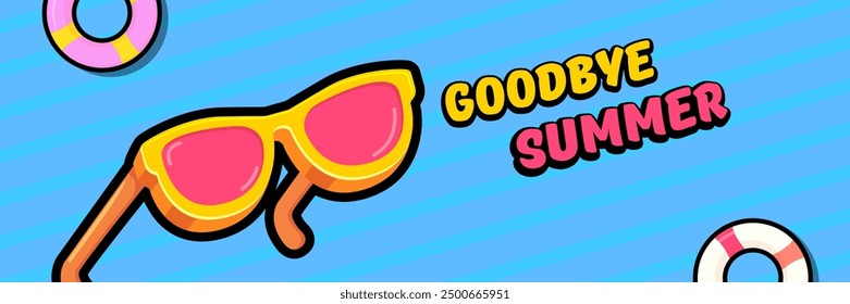 Super Goodbye Sommer-Vektorbanner mit Text und retro-gelber Sonnenbrille einzeln auf blauem Meereshintergrund. Auf Wiedersehen Sommer Poster Design Vorlage mit Cartoon Sonnenbrille, Strand, Wasser Pool