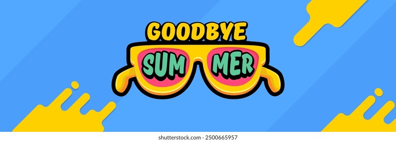 Super Goodbye summer vector banner with text and retro yellow sunglasses isolated on blue ocean background. Goodbye summer poster design template with cartoon sunglasses, beach, water pool