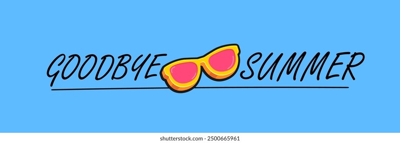 Super Goodbye Sommer-Vektorbanner mit Text und retro-gelber Sonnenbrille einzeln auf blauem Meereshintergrund. Auf Wiedersehen Sommer Poster Design Vorlage mit Cartoon Sonnenbrille, Strand, Wasser Pool