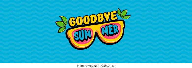 Super Goodbye summer vector banner with text and retro yellow sunglasses isolated on blue ocean background. Goodbye summer poster design template with cartoon sunglasses, beach, water pool