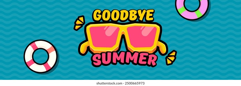 Super Goodbye Sommer-Vektorbanner mit Text und retro-gelber Sonnenbrille einzeln auf blauem Meereshintergrund. Auf Wiedersehen Sommer Poster Design Vorlage mit Cartoon Sonnenbrille, Strand, Wasser Pool