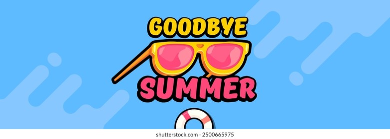 Super Goodbye summer vector banner with text and retro yellow sunglasses isolated on blue ocean background. Goodbye summer poster design template with cartoon sunglasses, beach, water pool