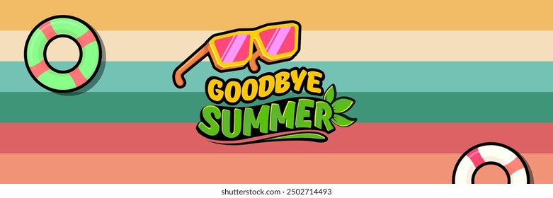 Super Goodbye Sommer-Vektorbanner mit Text und retro-gelber Sonnenbrille einzeln auf gestripptem Hintergrund. Auf Wiedersehen Sommer Poster Design Vorlage mit Cartoon Sonnenbrille, Strand, Wasser Pool