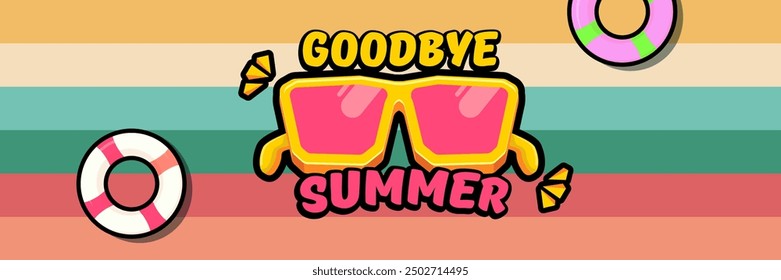 Super Goodbye Sommer-Vektorbanner mit Text und retro-gelber Sonnenbrille einzeln auf gestripptem Hintergrund. Auf Wiedersehen Sommer Poster Design Vorlage mit Cartoon Sonnenbrille, Strand, Wasser Pool