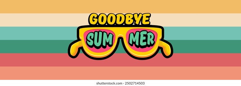 Super Goodbye summer vector banner with text and retro yellow sunglasses isolated on stripped background. Goodbye summer poster design template with cartoon sunglasses, beach, water pool