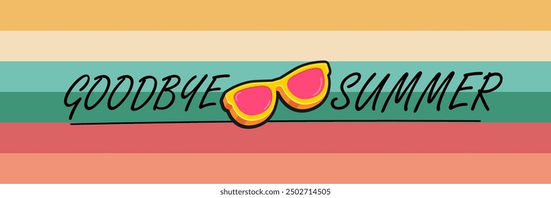 Super Goodbye summer vector banner with text and retro yellow sunglasses isolated on stripped background. Goodbye summer poster design template with cartoon sunglasses, beach, water pool