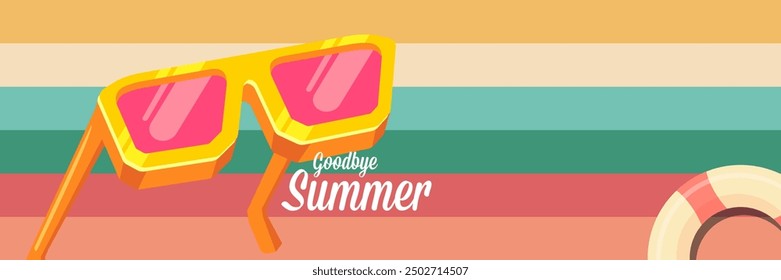 Super Goodbye Sommer-Vektorbanner mit Text und retro-gelber Sonnenbrille einzeln auf gestripptem Hintergrund. Auf Wiedersehen Sommer Poster Design Vorlage mit Cartoon Sonnenbrille, Strand, Wasser Pool