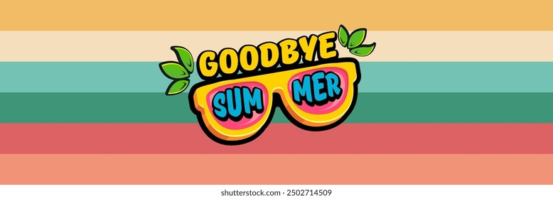 Super Goodbye Sommer-Vektorbanner mit Text und retro-gelber Sonnenbrille einzeln auf gestripptem Hintergrund. Auf Wiedersehen Sommer Poster Design Vorlage mit Cartoon Sonnenbrille, Strand, Wasser Pool