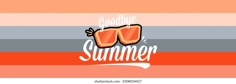 Super Goodbye summer vector banner with text and retro yellow sunglasses isolated on stripped background. Goodbye summer poster design template with cartoon sunglasses, beach, water pool