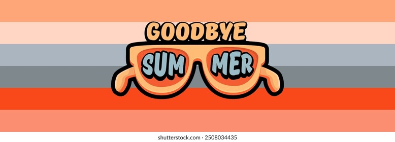 Super Goodbye summer vector banner with text and retro yellow sunglasses isolated on stripped background. Goodbye summer poster design template with cartoon sunglasses, beach, water pool