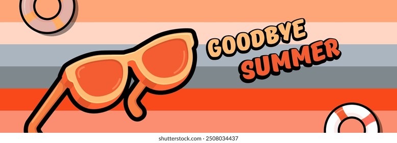 Super Goodbye summer vector banner with text and retro yellow sunglasses isolated on stripped background. Goodbye summer poster design template with cartoon sunglasses, beach, water pool