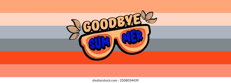 Super Goodbye summer vector banner with text and retro yellow sunglasses isolated on stripped background. Goodbye summer poster design template with cartoon sunglasses, beach, water pool