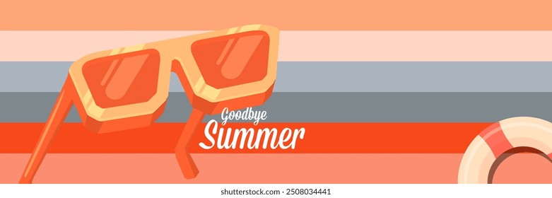 Super Goodbye summer vector banner with text and retro yellow sunglasses isolated on stripped background. Goodbye summer poster design template with cartoon sunglasses, beach, water pool