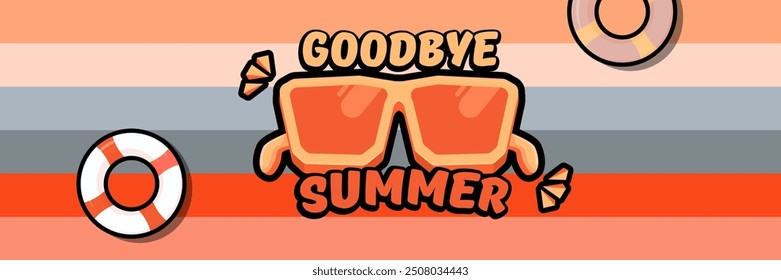 Super Goodbye summer vector banner with text and retro yellow sunglasses isolated on stripped background. Goodbye summer poster design template with cartoon sunglasses, beach, water pool