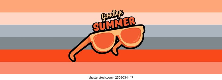 Super Goodbye summer vector banner with text and retro yellow sunglasses isolated on stripped background. Goodbye summer poster design template with cartoon sunglasses, beach, water pool