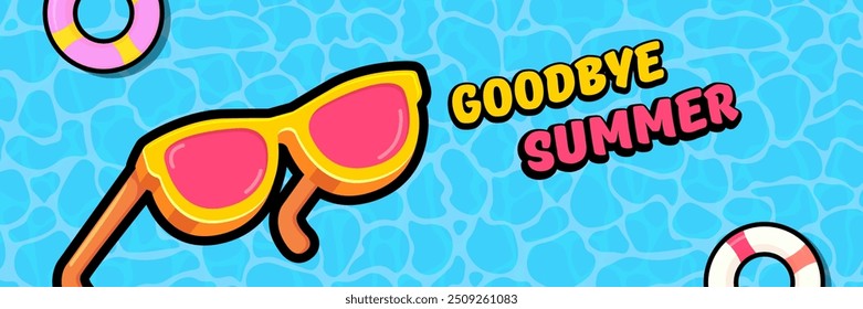 Super Goodbye summer vector banner with text and retro yellow sunglasses isolated on blue ocean background. Goodbye summer poster design template with cartoon sunglasses, beach, water pool