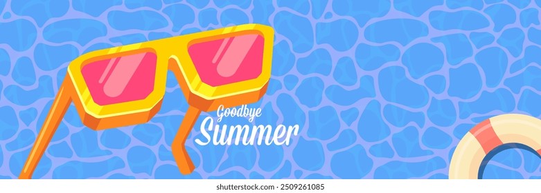 Super Goodbye summer vector banner with text and retro yellow sunglasses isolated on blue ocean background. Goodbye summer poster design template with cartoon sunglasses, beach, water pool