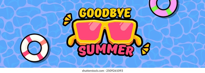 Super Goodbye summer vector banner with text and retro yellow sunglasses isolated on blue ocean background. Goodbye summer poster design template with cartoon sunglasses, beach, water pool