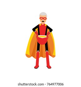 Super grandfather, senior man superhero wearing orange cape standing with hands on hip vector Illustration